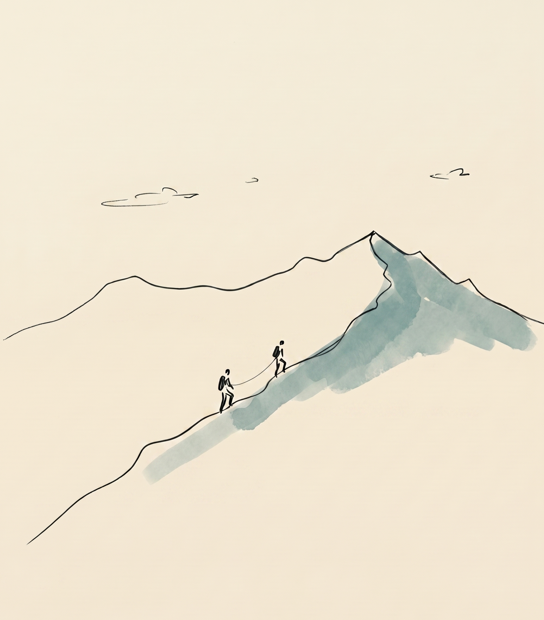 Hand-drawn illustration of two figures roped together on a ridge